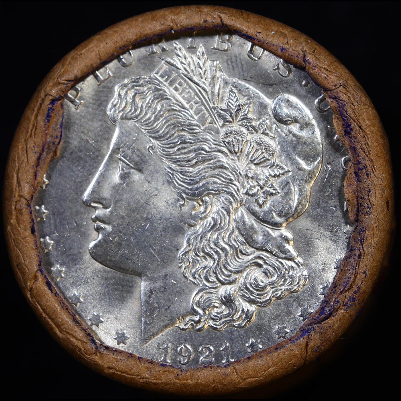 ***Auction Highlight*** Full solid date 1921-p Uncirculated Morgan silver dollar roll, 20 coins (fc)