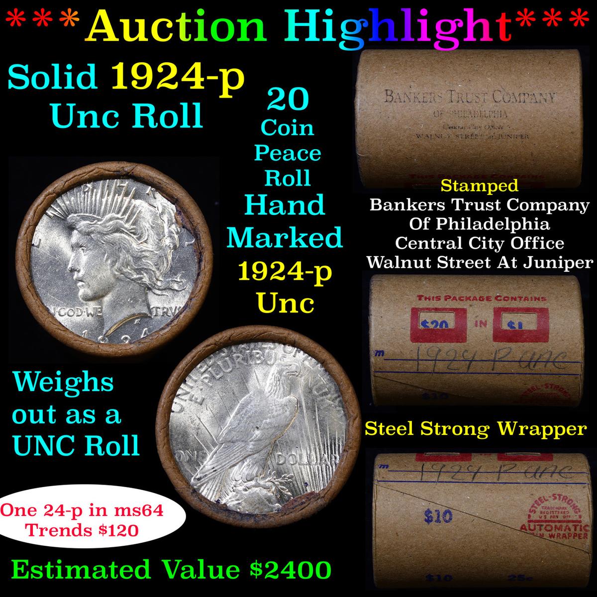 ***Auction Highlight*** Full solid date 1924-p Uncirculated Peace silver dollar roll, 20 coins (fc)