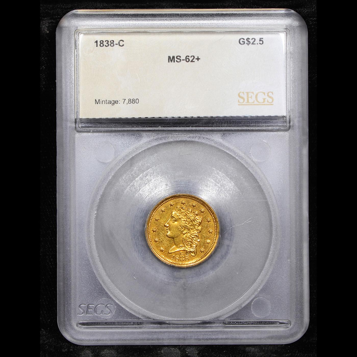 ***Auction Highlight*** 1838-c Charlotte Classic Head Gold $2 1/2 Graded ms62+ By SEGS (fc)