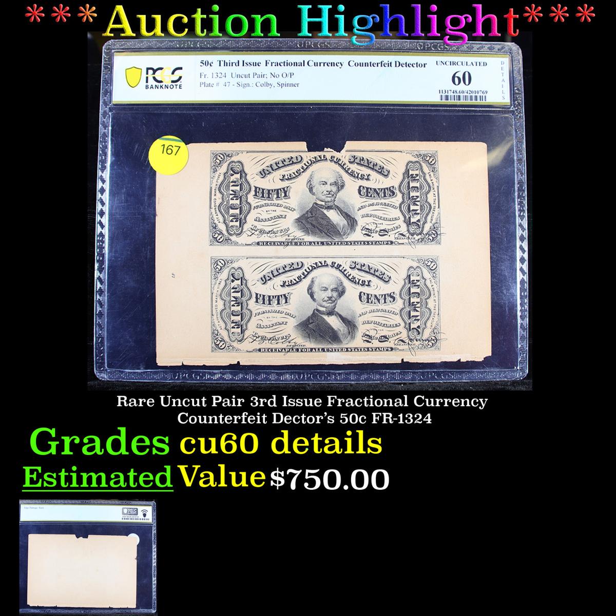 ***Auction Highlight*** PCGS Rare Uncut Pair 3rd Issue Fractional Currency Counterfeit Dector's 50c