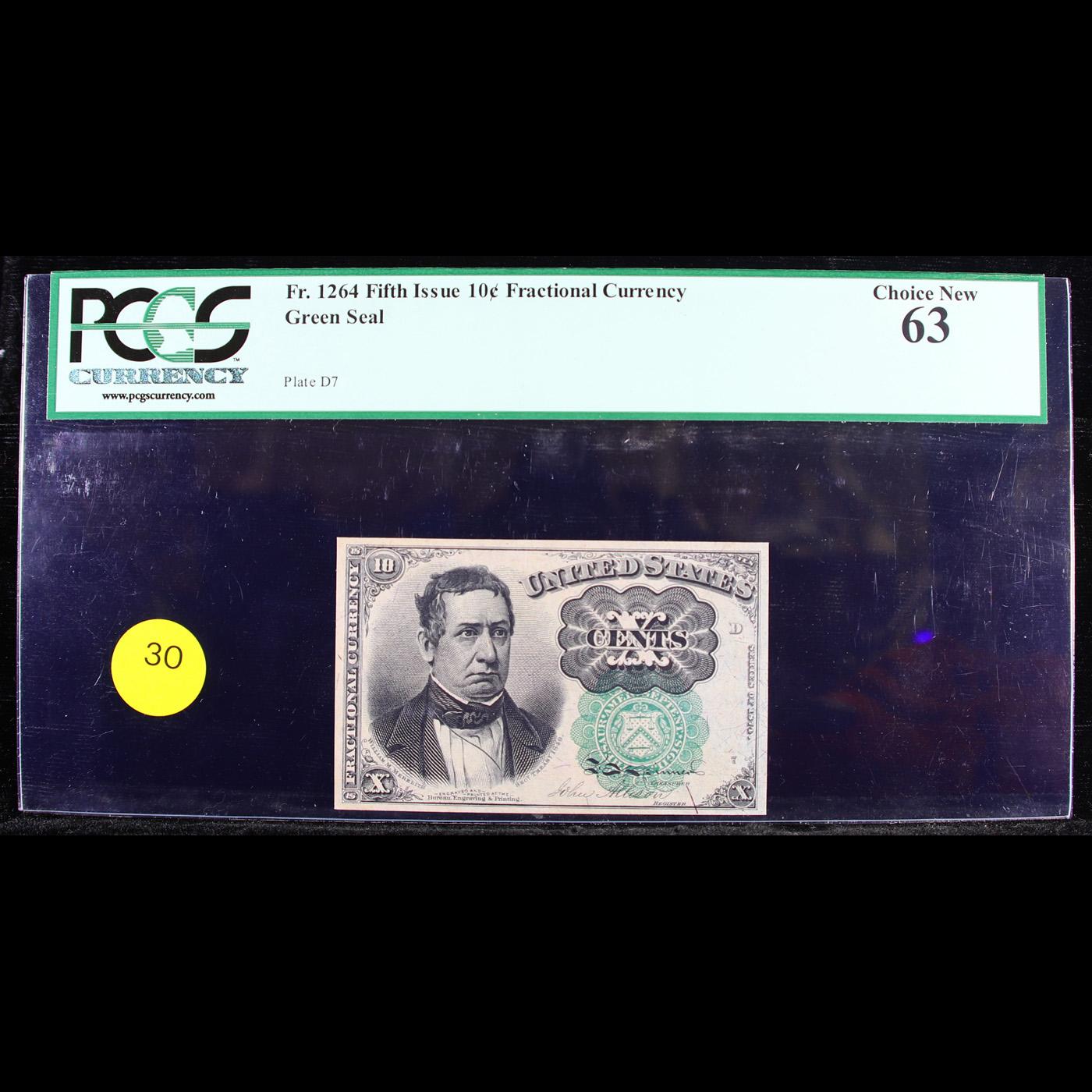 PCGS 1875 US Fractional Currency 10c Fifth Issue fr-1264 Green Seal Graded cu63 By PCGS
