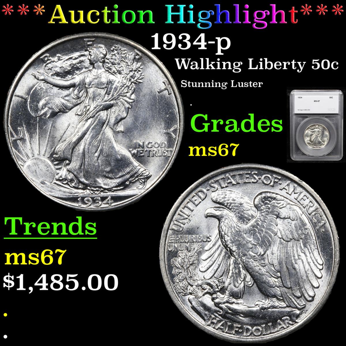 ***Auction Highlight*** 1934-p Walking Liberty Half Dollar 50c Graded ms67 By SEGS (fc)