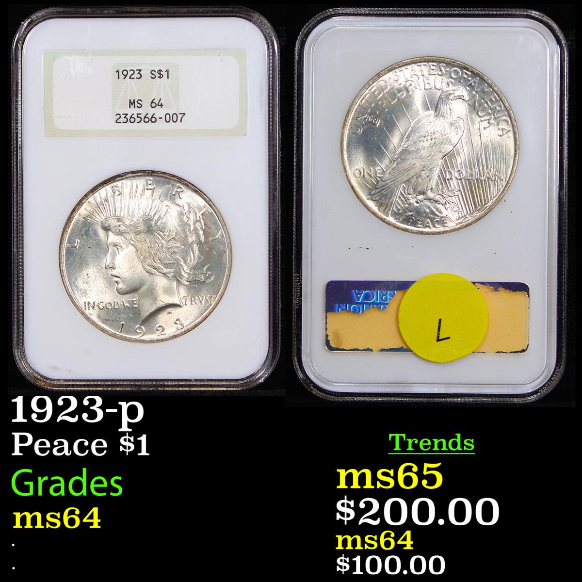 NGC 1923-p Peace Dollar $1 Graded ms64 By NGC