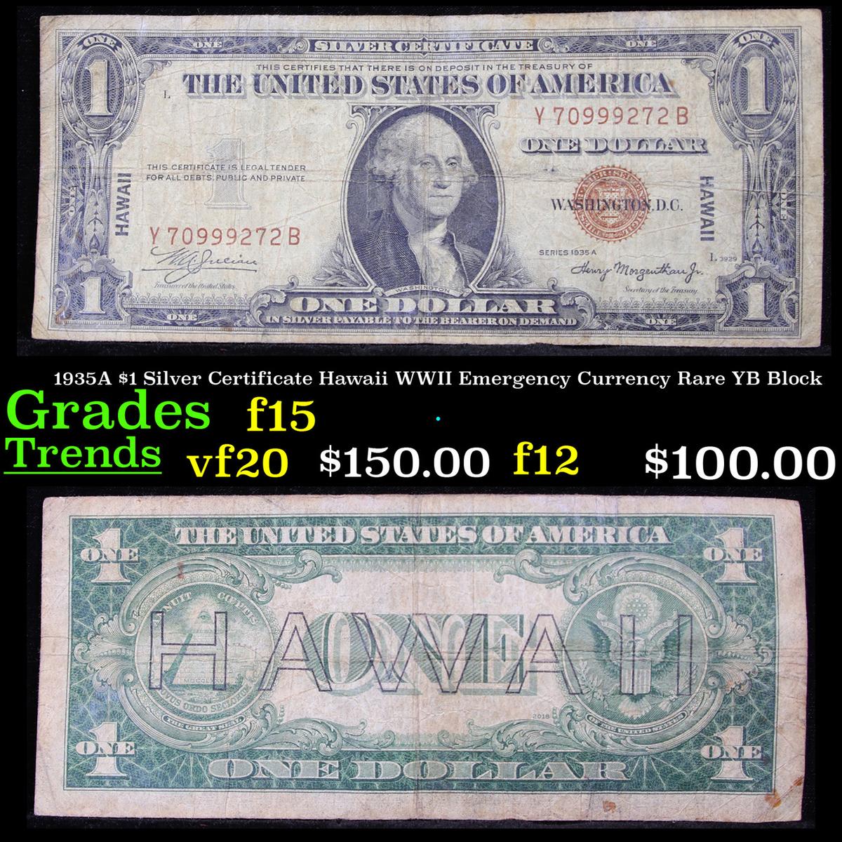 1935A $1 Silver Certificate Hawaii WWII Emergency Currency Rare YB Block Grades f+