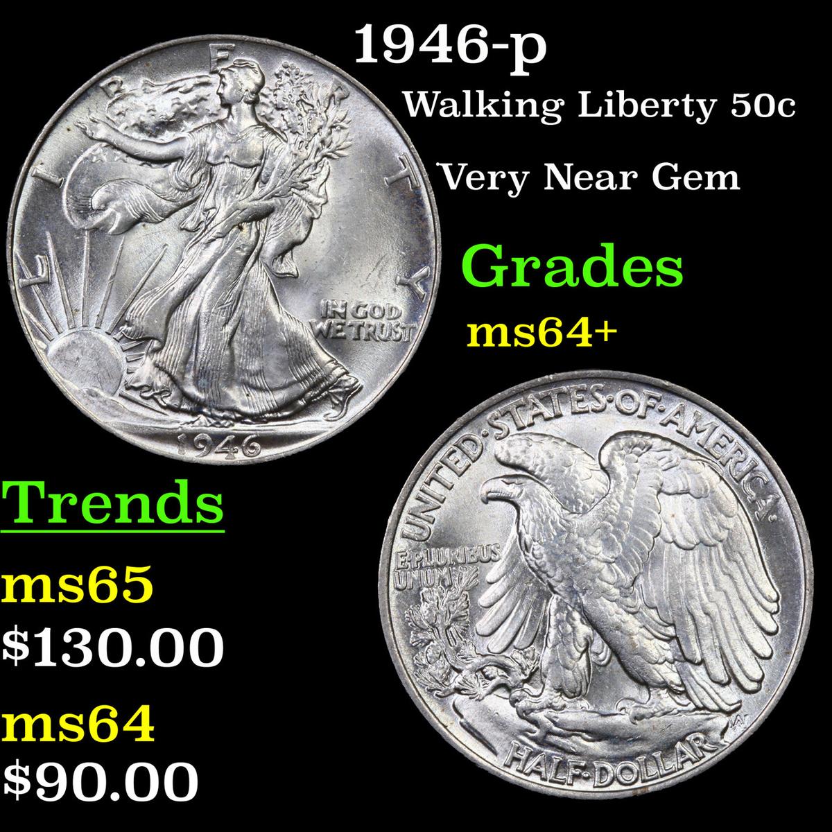 1946-p Walking Liberty Half Dollar 50c Grades Choice+ Unc