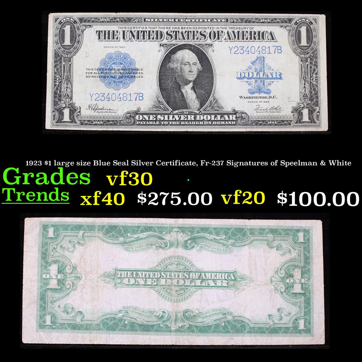 1923 $1 large size Blue Seal Silver Certificate, Fr-237 Signatures of Speelman & White Grades vf++