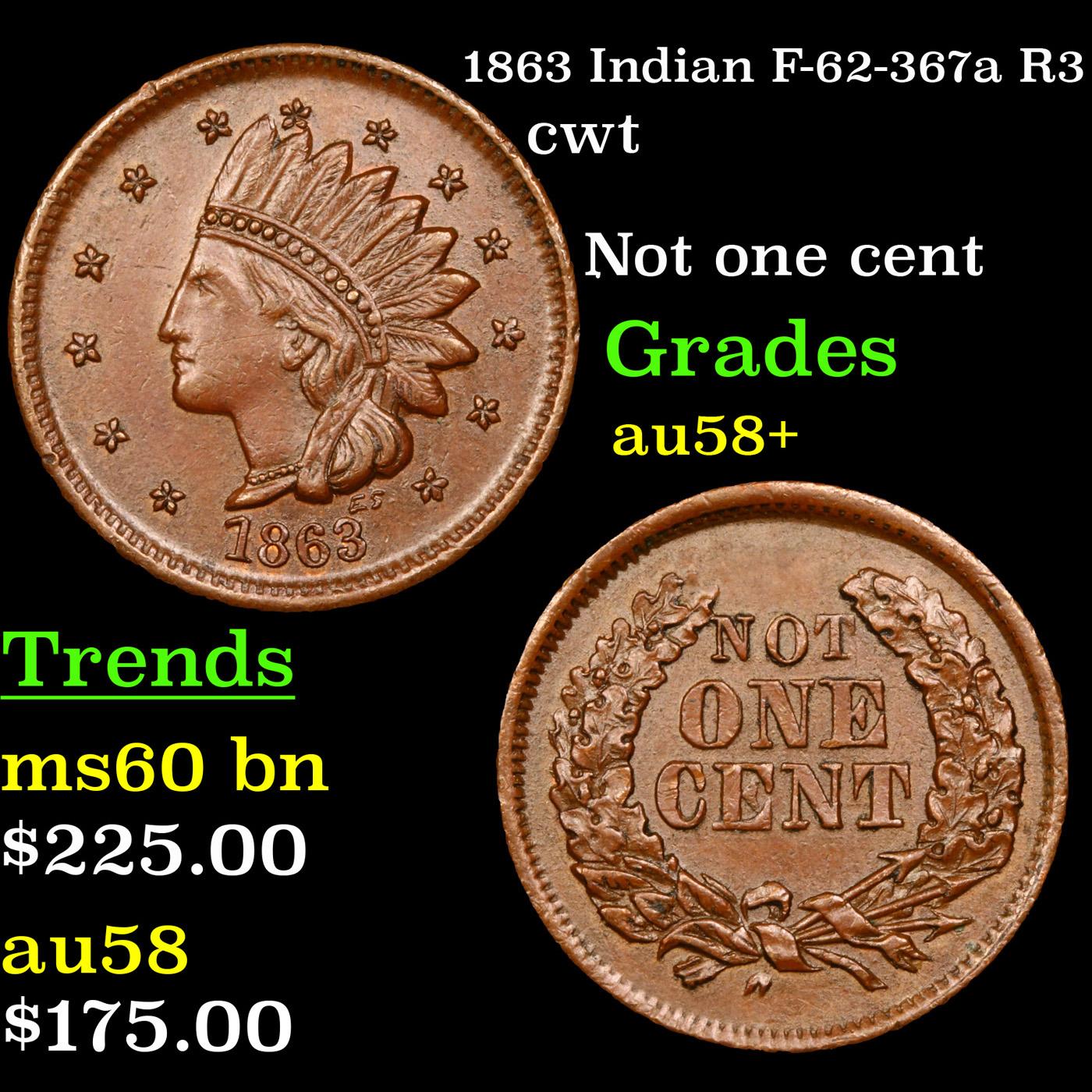 1863 Indian F-62-367a R3 Civil War Token 1c Grades Choice AU/BU Slider+