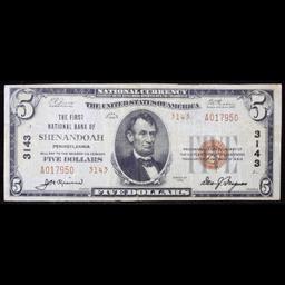 1929 $5 National Currency 'The1st National Bank Of Shenandoah, PA' TY 2 Grades vf+