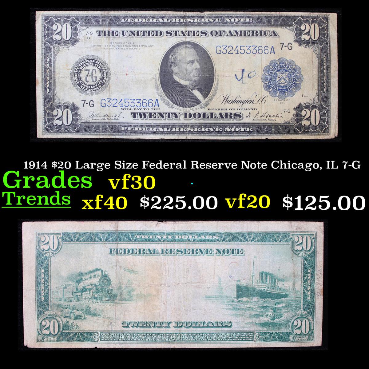 1914 $20 Large Size Federal Reserve Note Chicago, IL 7-G Grades vf++