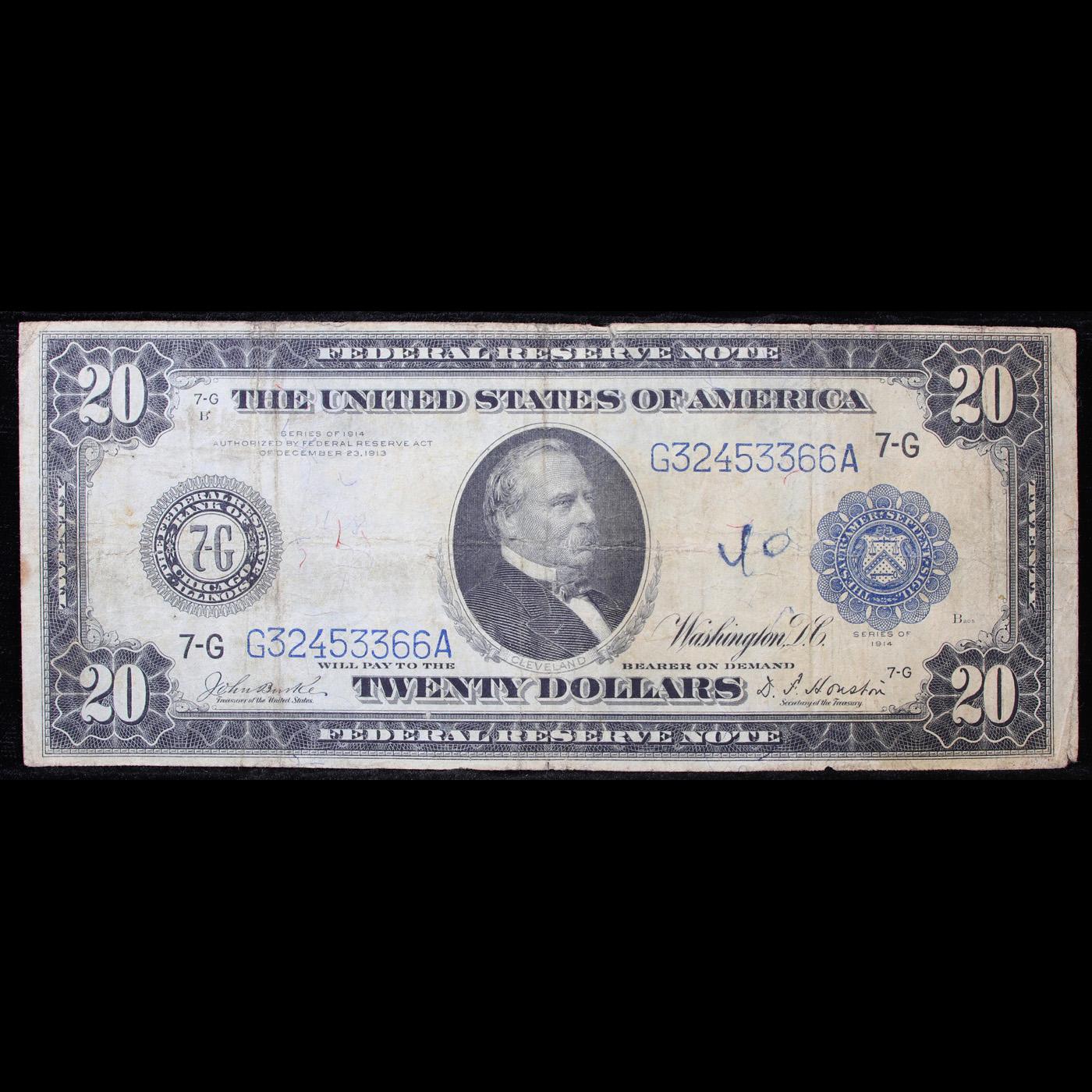 1914 $20 Large Size Federal Reserve Note Chicago, IL 7-G Grades vf++