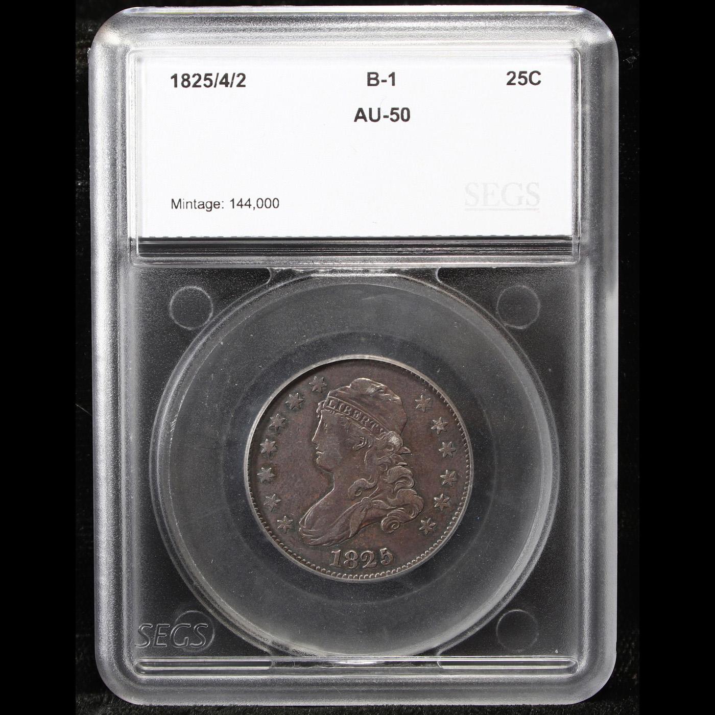 ***Auction Highlight*** 1825/4/2 B-1 Capped Bust Quarter 25c Graded au50 By SEGS (fc)