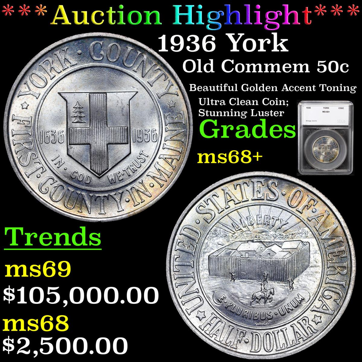 ***Auction Highlight*** 1936 York Old Commem Half Dollar 50c Graded ms68+ By SEGS (fc)