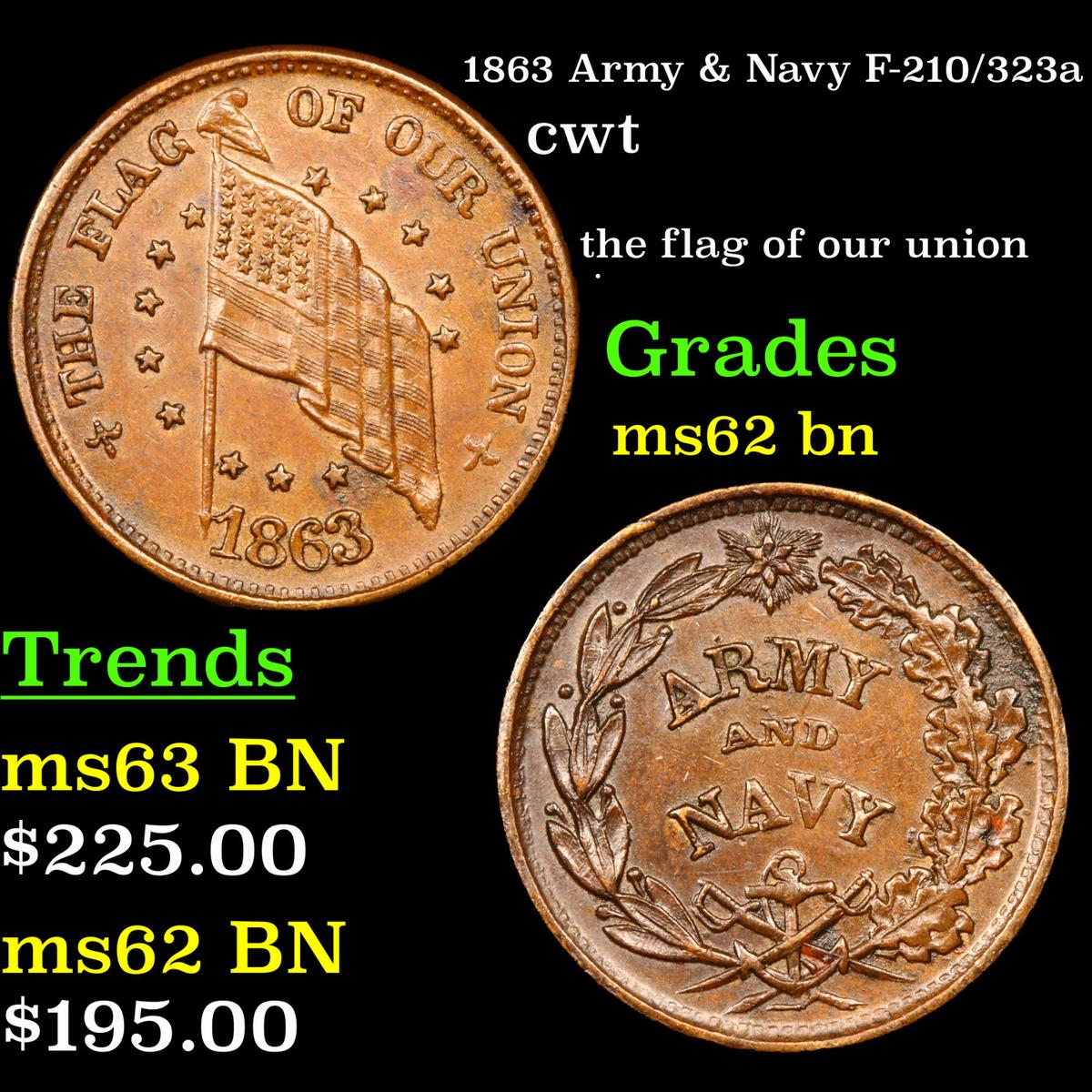 1863 Army & Navy F-210/323a Civil War Token 1c Grades Select Unc BN