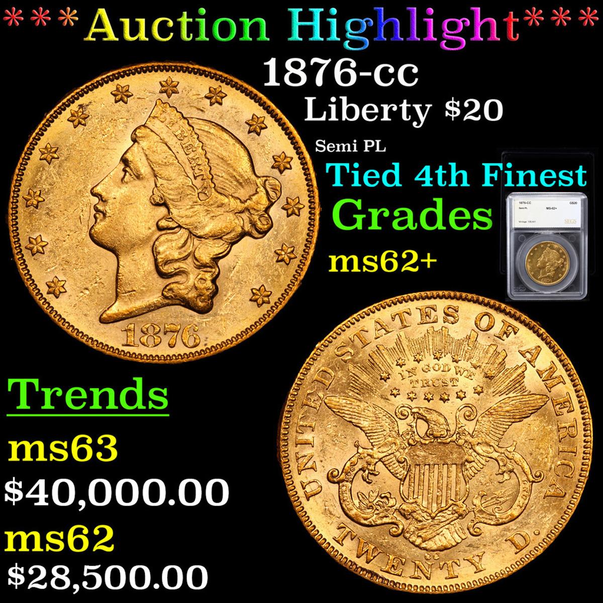 ***Auction Highlight*** 1876-cc Gold Liberty Double Eagle $20 Graded Select Unc By SEGS (fc)