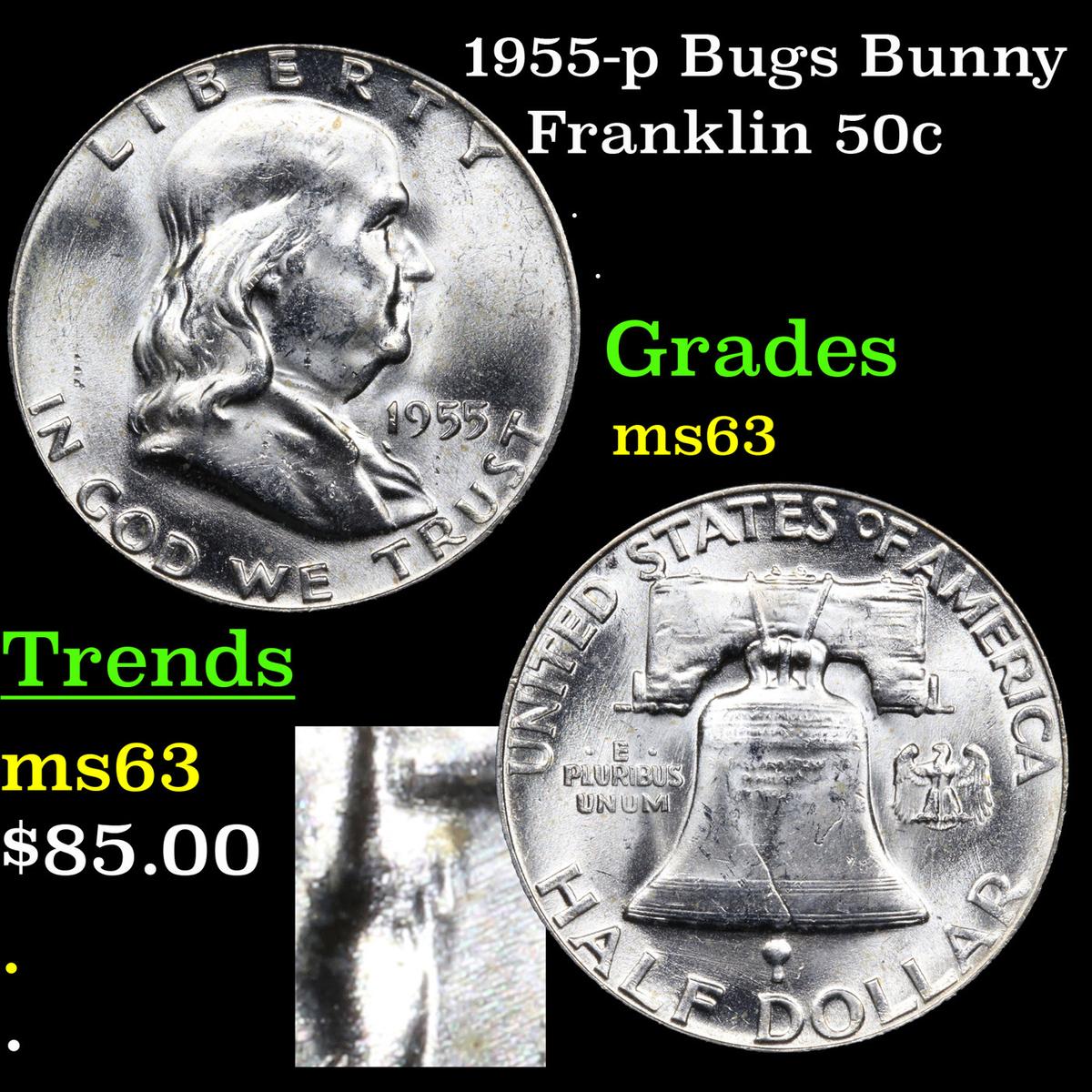 1955-p Bugs Bunny Franklin Half Dollar 50c Grades Select Unc