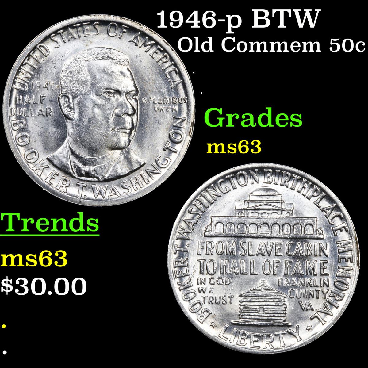 1946-p BTW Old Commem Half Dollar 50c Grades Select Unc