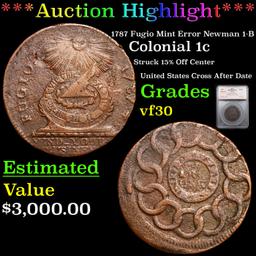 ***Auction Highlight*** 1787 Fugio Mint Error Newman 1-B Colonial Cent 1c Graded vf30 By SEGS (fc)