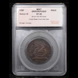 ***Auction Highlight*** 1787 Fugio Mint Error Newman 1-B Colonial Cent 1c Graded vf30 By SEGS (fc)