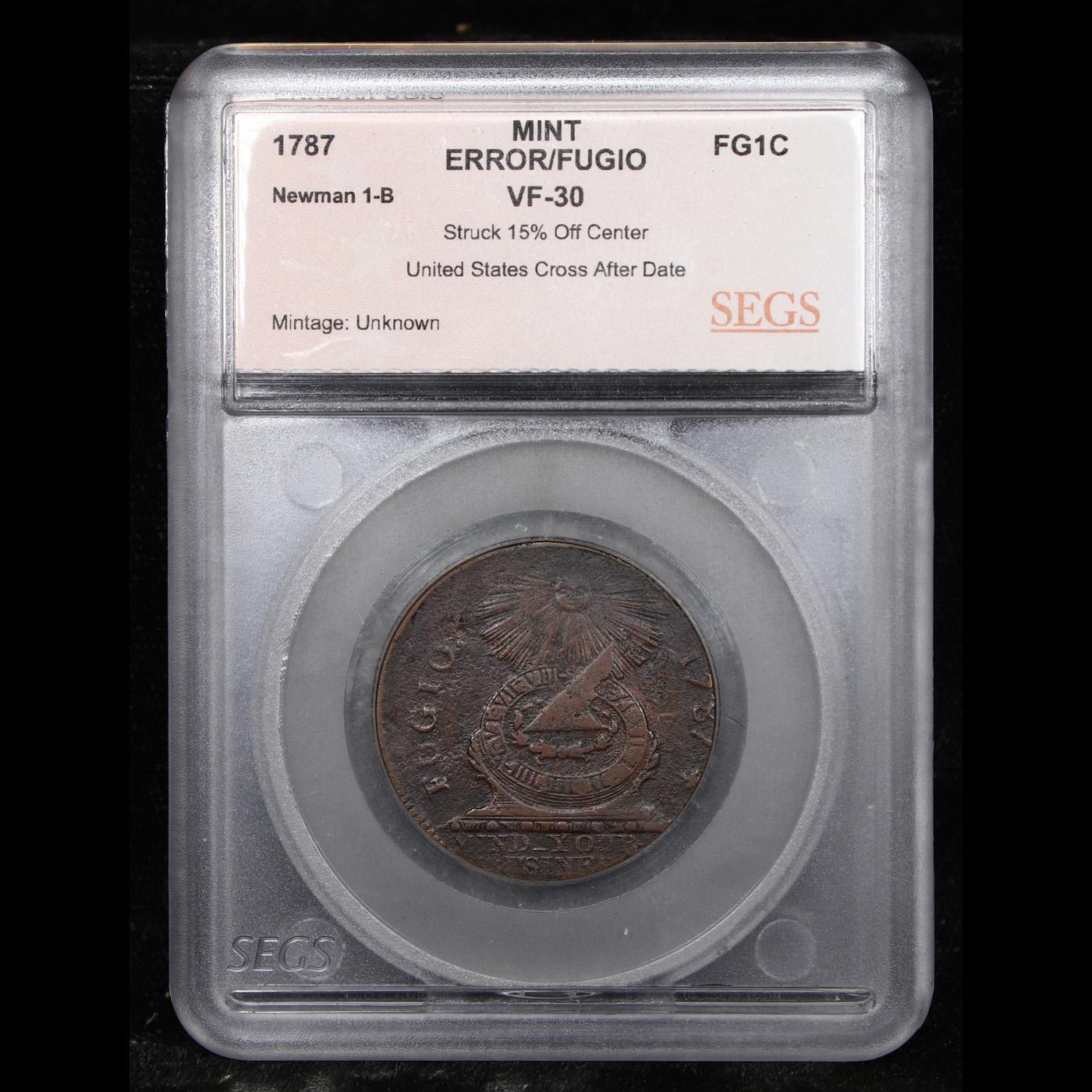 ***Auction Highlight*** 1787 Fugio Mint Error Newman 1-B Colonial Cent 1c Graded vf30 By SEGS (fc)