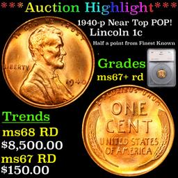 ***Auction Highlight*** 1940-p Near Top POP! Lincoln Cent 1c Graded ms67+ rd By SEGS (fc)