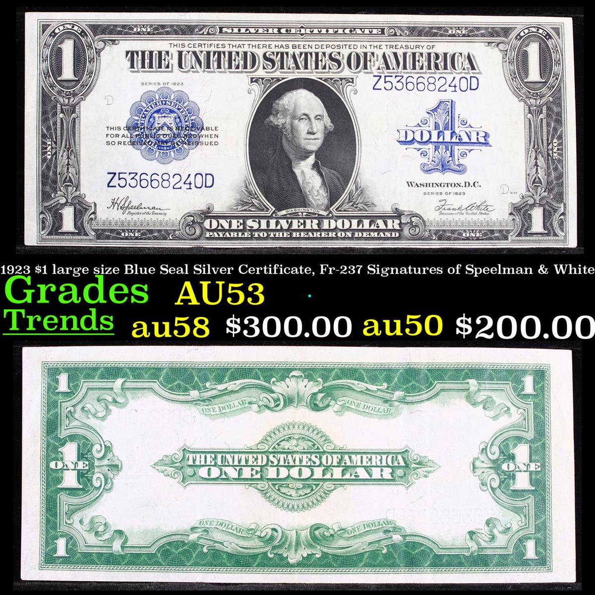 1923 $1 large size Blue Seal Silver Certificate, Fr-237 Signatures of Speelman & White Grades Select