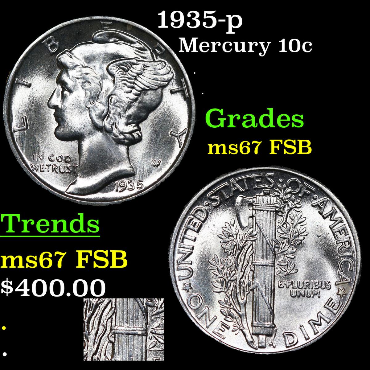 1935-p Mercury Dime 10c Grades GEM++ FSB