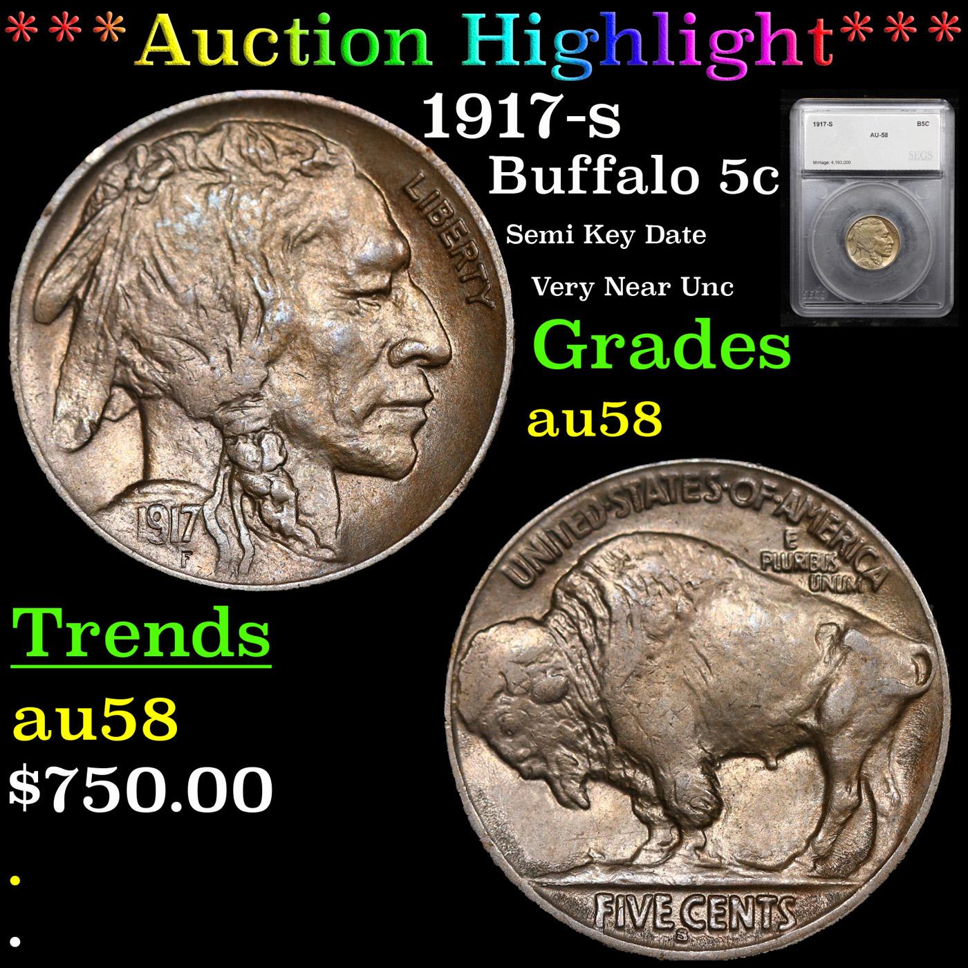 ***Auction Highlight*** 1917-s Buffalo Nickel 5c Graded au58 By SEGS (fc)