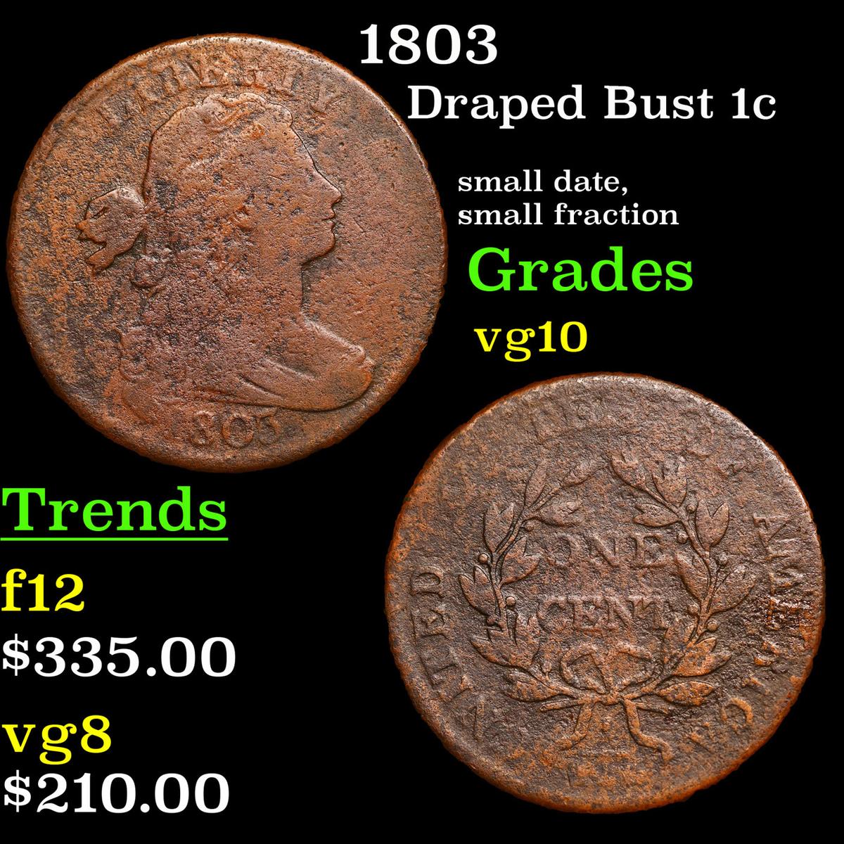 1803 Draped Bust Large Cent 1c Grades vg+