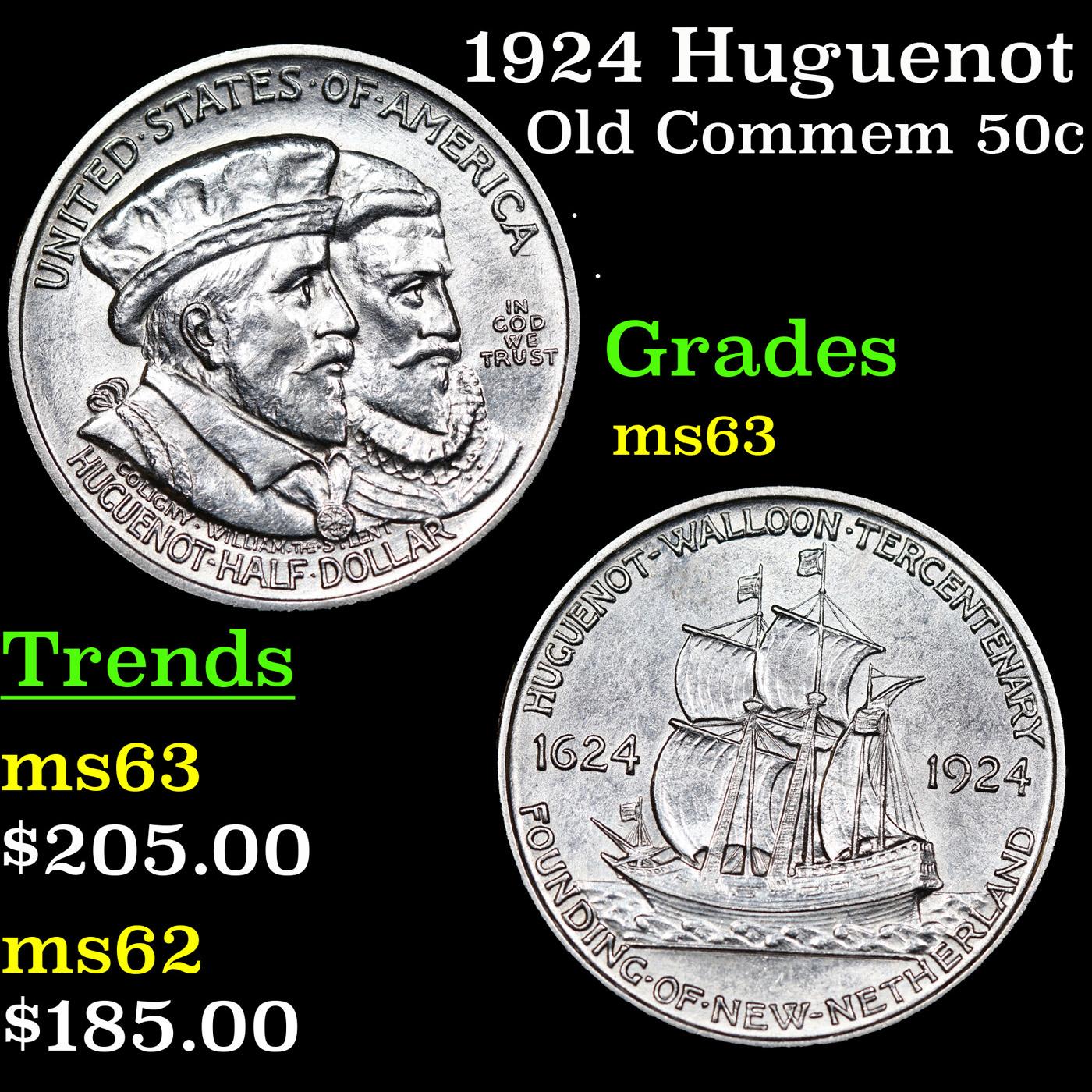 1924 Huguenot Old Commem Half Dollar 50c Grades Select Unc