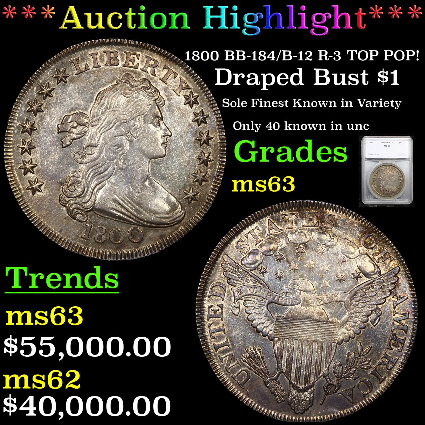 ***Auction Highlight*** 1800 BB-184/B-12 R-3 TOP POP! Draped Bust Dollar $1 Graded ms63 By SEGS (fc)