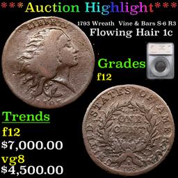 ***Auction Highlight*** 1793 Wreath  Vine & Bars S-6 R3 Flowing Hair large cent 1c Graded f12 By SEG