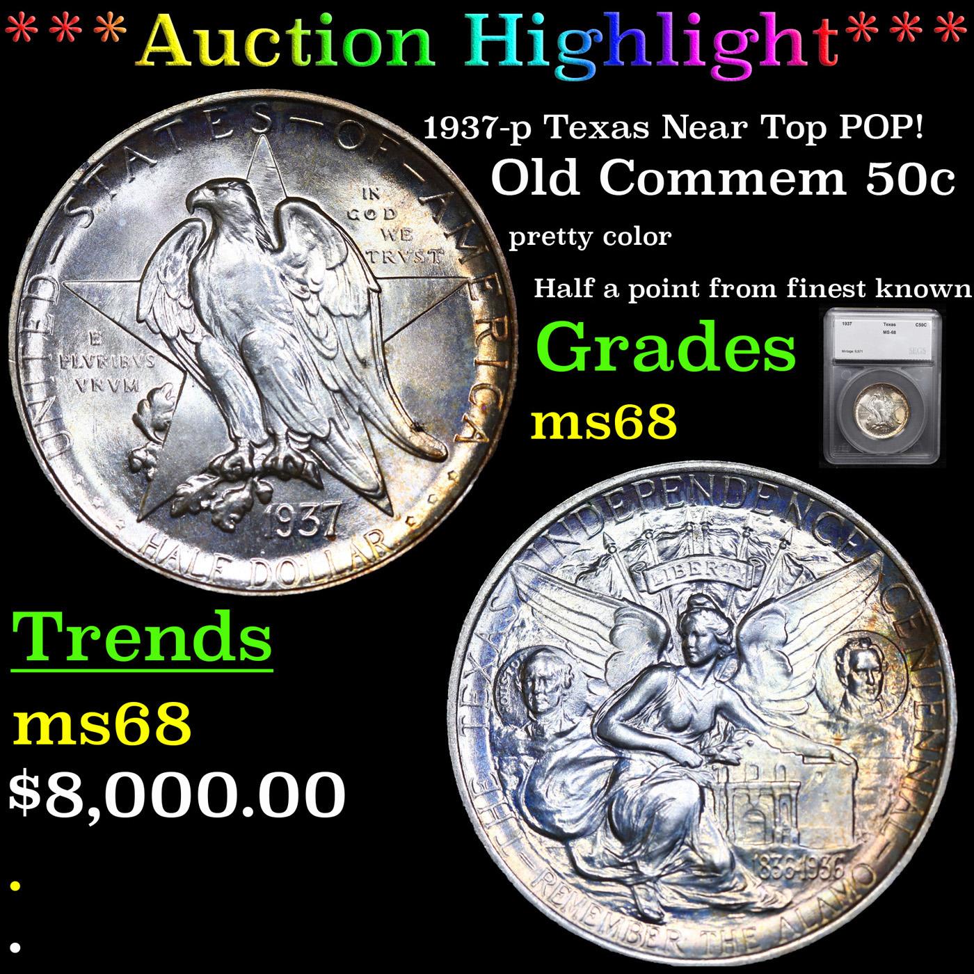 ***Auction Highlight*** 1937-p Texas Near Top POP! Old Commem Half Dollar 50c Graded ms68 By SEGS (f