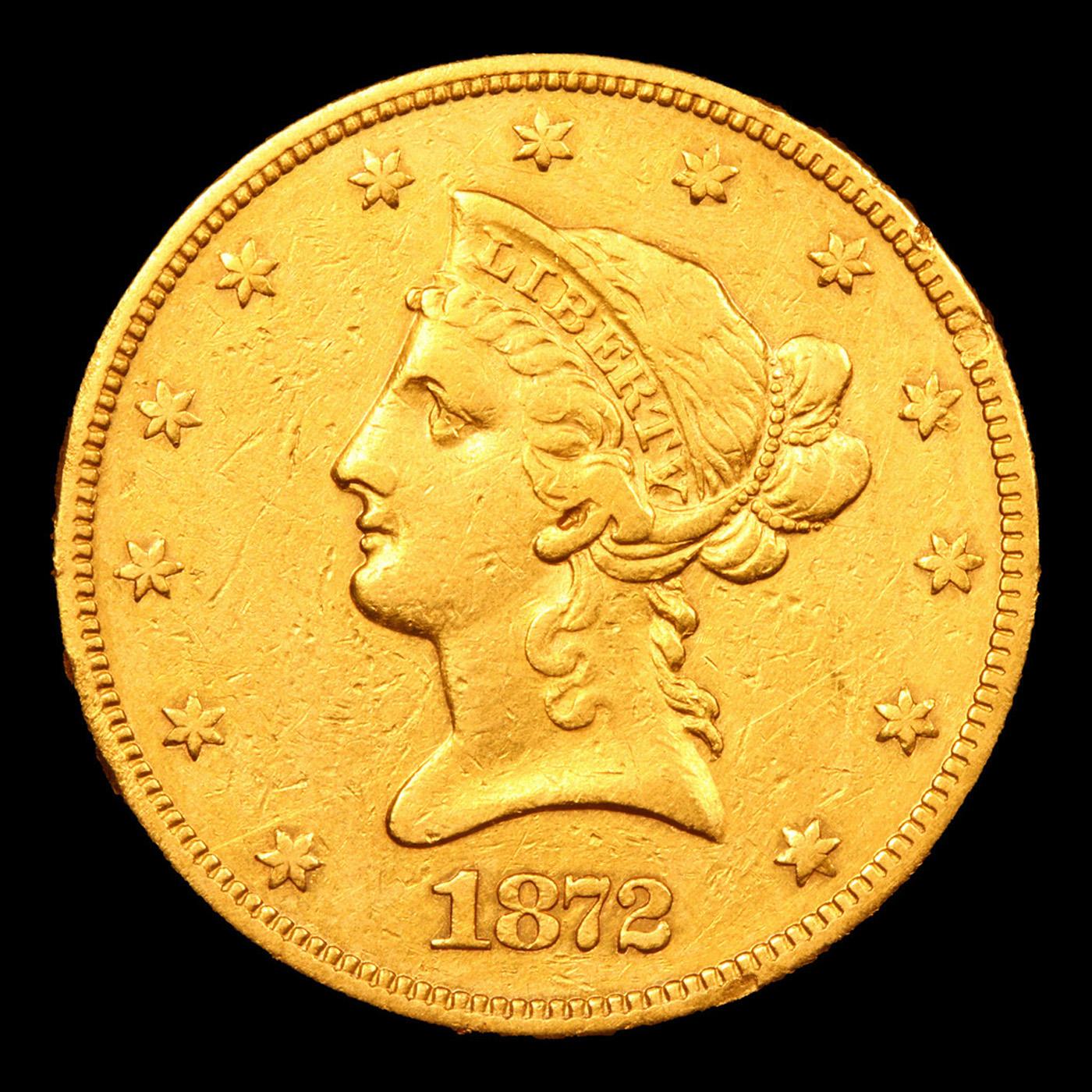 ***Auction Highlight*** 1872-p Gold Liberty Eagle $10 Graded au55 details By SEGS (fc)