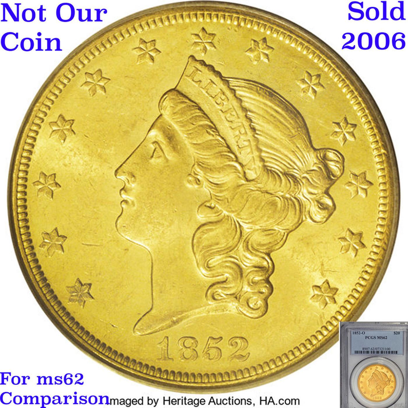 ***Auction Highlight*** 1852-o Gold Liberty Double Eagle $20 Graded ms62 By SEGS (fc)