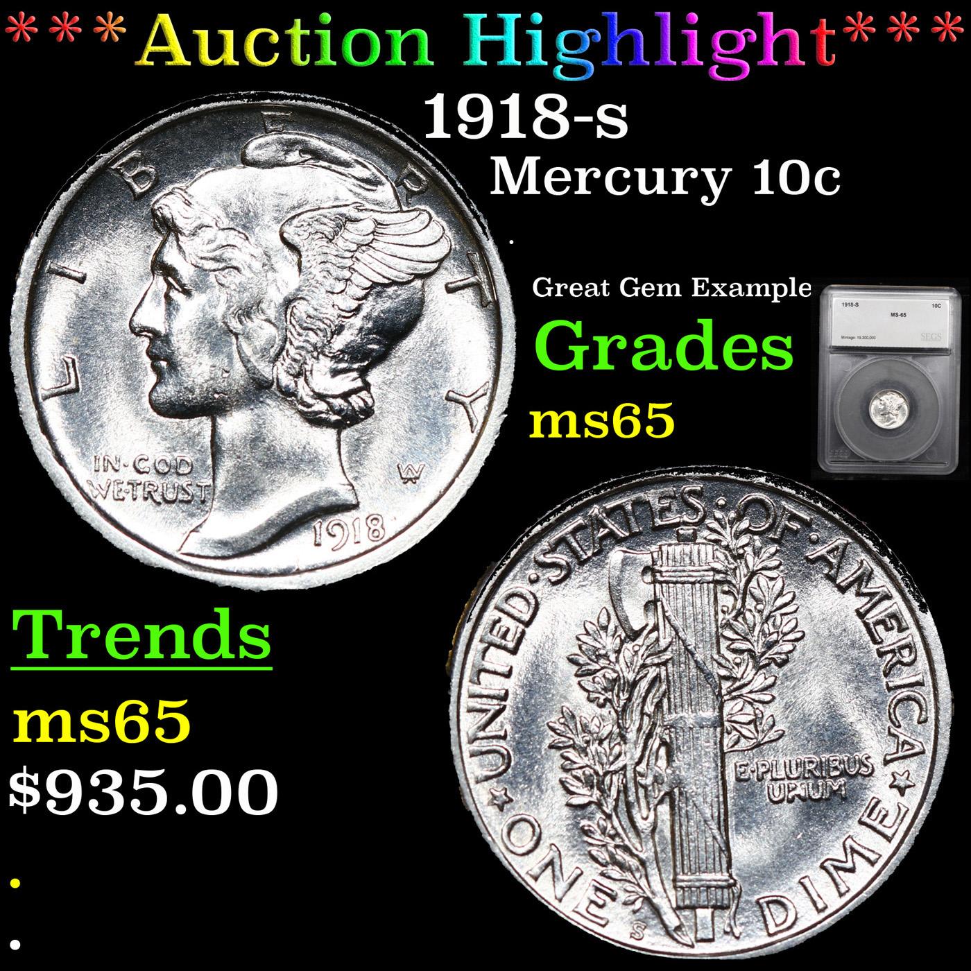 ***Auction Highlight*** 1918-s Mercury Dime 10c Graded ms65 By SEGS (fc)