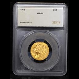 ***Auction Highlight*** 1915-p Near Top POP! Gold Indian Half Eagle $5 Graded ms65 By SEGS (fc)