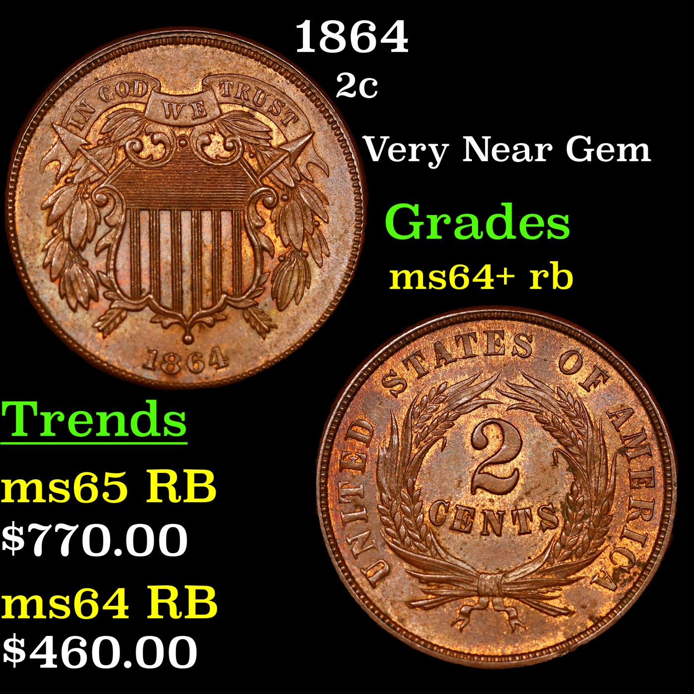 1864 Two Cent Piece 2c Grades Choice+ Unc RB