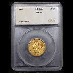 ***Auction Highlight*** 1846-p Large Date Gold Liberty Half Eagle $5 Graded ms61 By SEGS (fc)