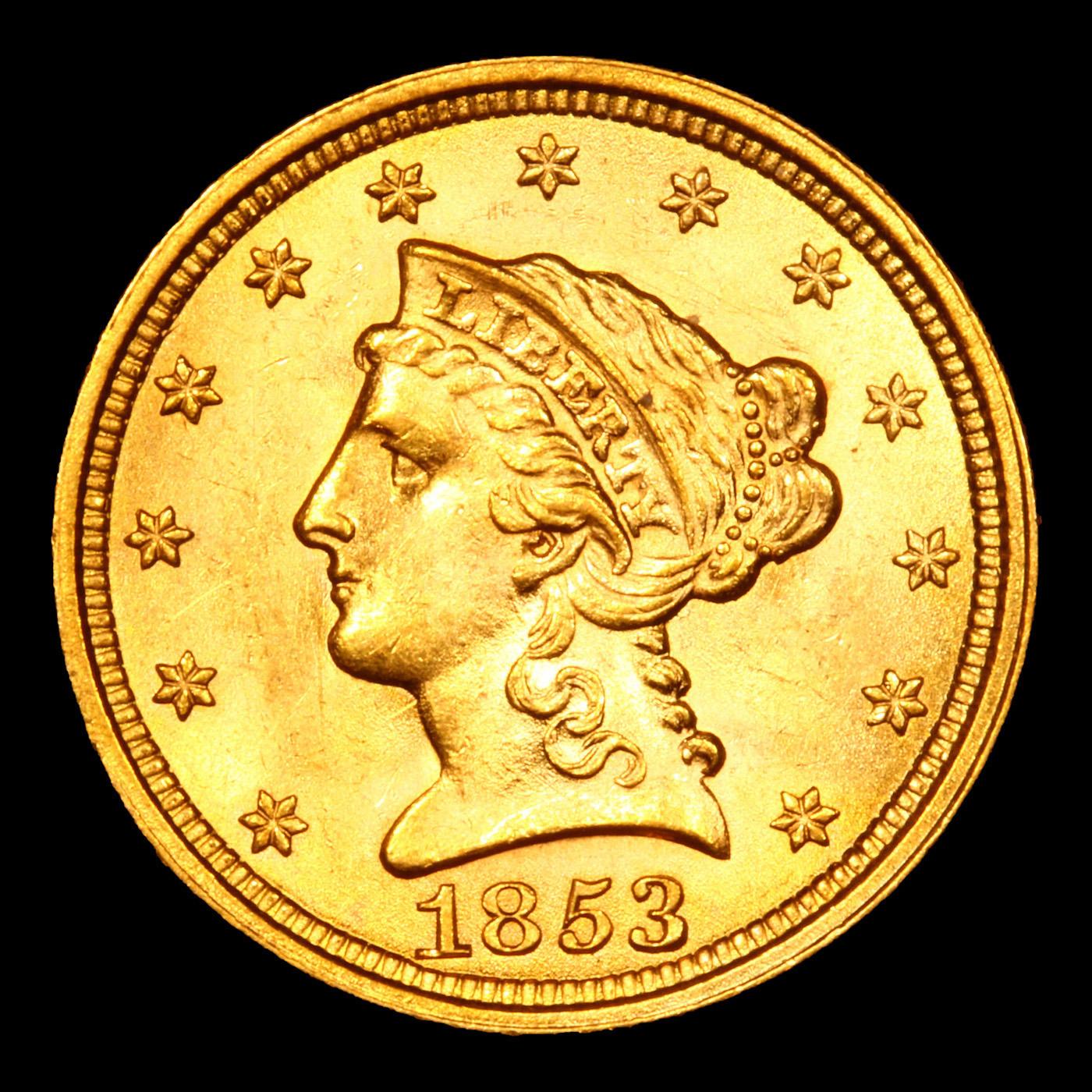 ***Auction Highlight*** 1853-p Near Top POP! Gold Liberty Quarter Eagle $2 1/2 Graded ms65+ By SEGS