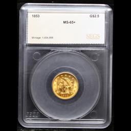 ***Auction Highlight*** 1853-p Near Top POP! Gold Liberty Quarter Eagle $2 1/2 Graded ms65+ By SEGS