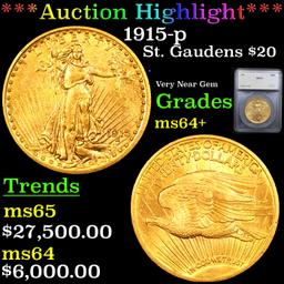 ***Auction Highlight*** 1915-p Gold St. Gaudens Double Eagle $20 Graded ms64+ By SEGS (fc)