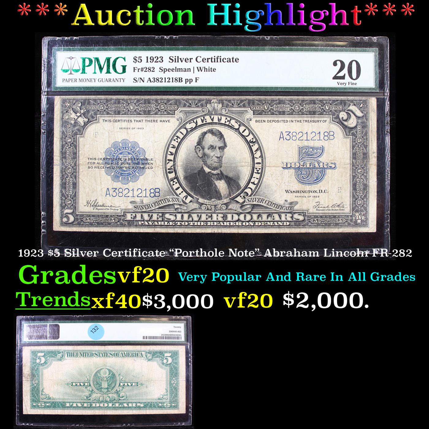 ***Auction Highlight*** 1923 $5 Silver Certificate "Porthole Note" Abraham Lincoln FR-282 Graded vf2