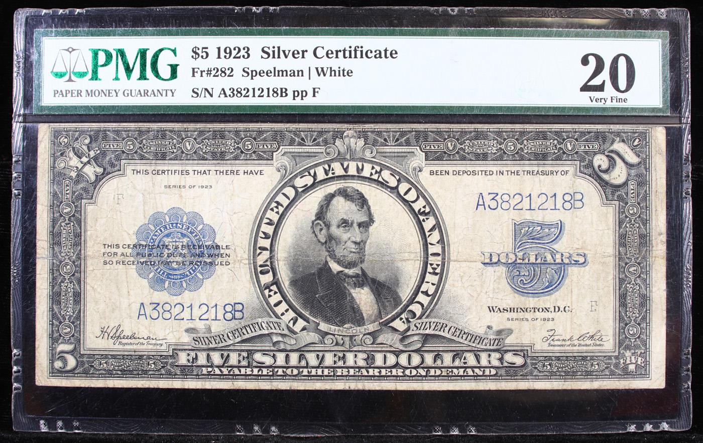 ***Auction Highlight*** 1923 $5 Silver Certificate "Porthole Note" Abraham Lincoln FR-282 Graded vf2