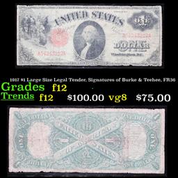 1917 $1 Large Size Legal Tender, Signatures of Burke & Teehee, FR36 Grades f, fine