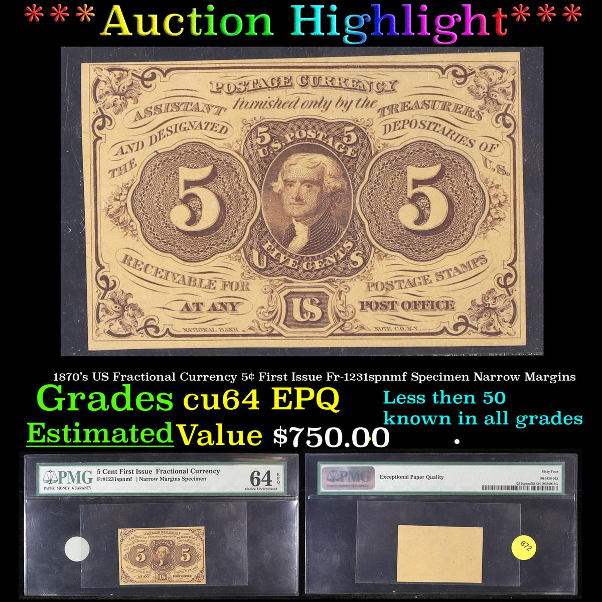 ***Auction Highlight*** 1870's US Fractional Currency 5¢ First Issue Fr-1231spnmf Specimen Narrow Ma