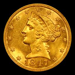 1847-p Gold Liberty Half Eagle $5 Graded ms64+ BY SEGS