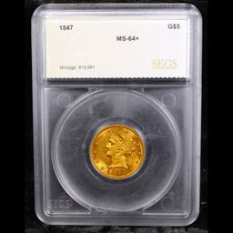 1847-p Gold Liberty Half Eagle $5 Graded ms64+ BY SEGS