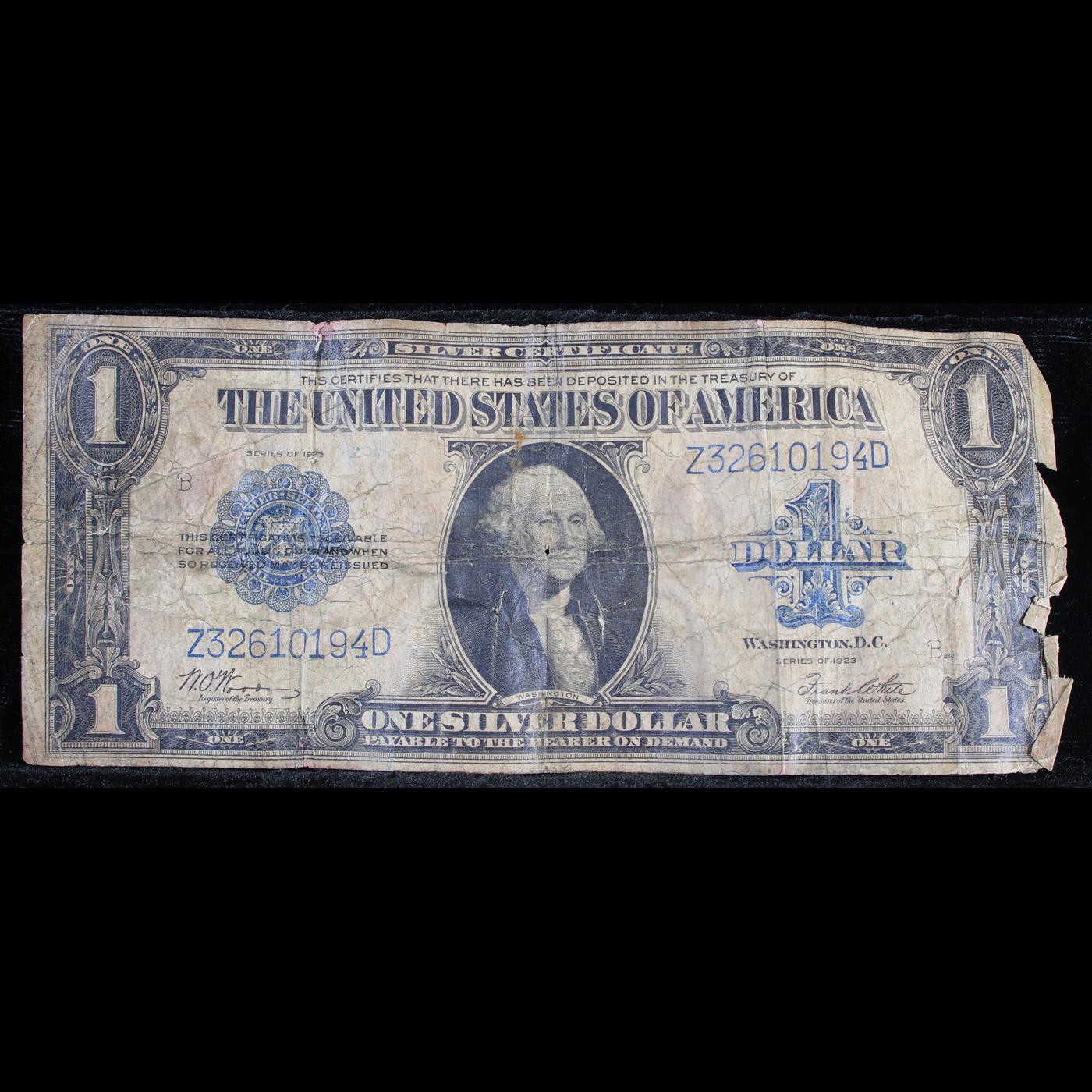1923 $1 large size Blue Seal Silver Certificate, Signatures of Woods & White Grades vg details