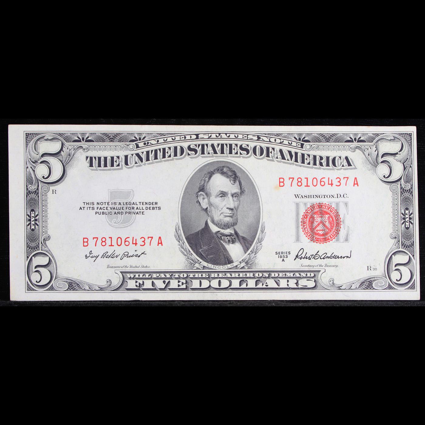 1953A $5 Red Seal United States Note Grades Select CU