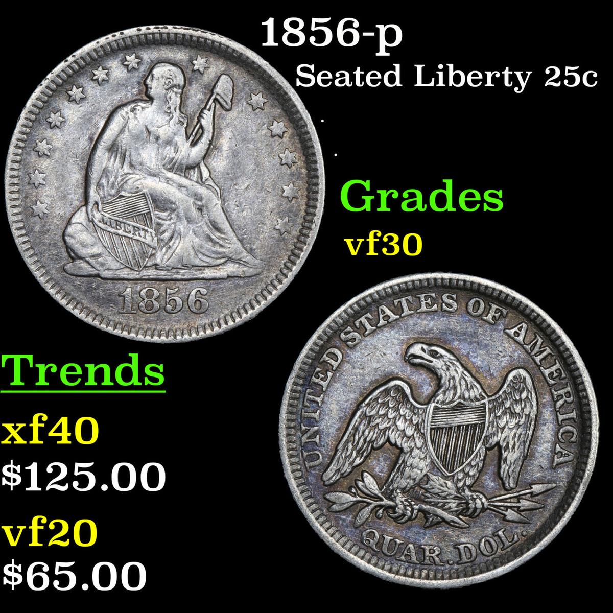 1856-p Seated Liberty Quarter 25c Grades vf++